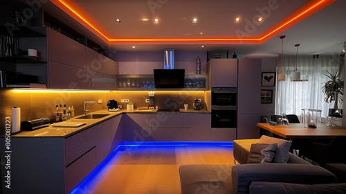Create a cozy yet modern kitchen with a TV integrated into the cabinetry and LED strips installed along the