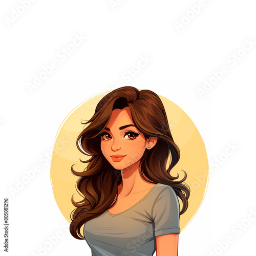Woman With Long Brown Hair and Gray Shirt. Generative AI © jul_photolover