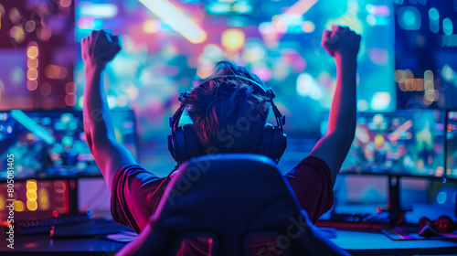 Lifes a game so level up. Shot of a young man cheering while playing computer games. 