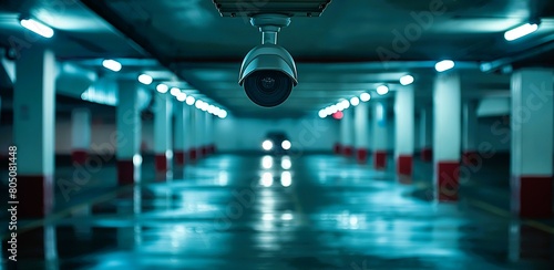 A camera is hanging from the ceiling in a parking garage. The scene is dark and empty, with only a few lights illuminating the area. The camera is focused on the ground. generate ai illustration. photo