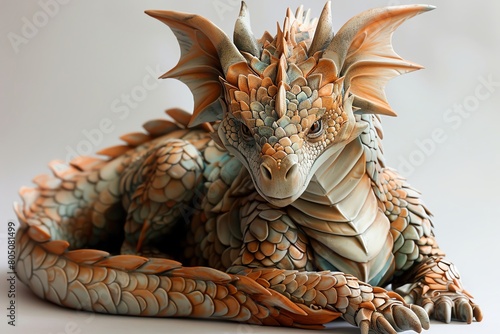 Capture the essence of a majestic dragon in a clay sculpture from a worms-eye view Infuse the sculpture with intricate scales and a reticulated pattern  bringing the mythical creature to life in a thr