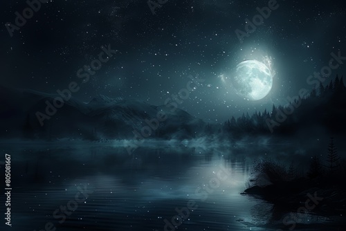 Enchanting night scene with a luminous full moon casting its glow over a serene misty lake  surrounded by shadowy mountains and reflected in calm waters  evoking peace and stillness.  