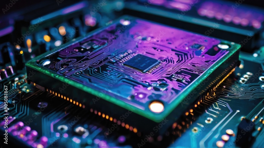 a close up of a computer circuit board with a blue and purple light a close up of a computer circuit board with a blue and purple light