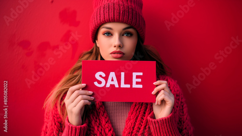 A woman in red shirt holding a sign that reads Sale to attract customers in the red background. generative ai illustration. photo