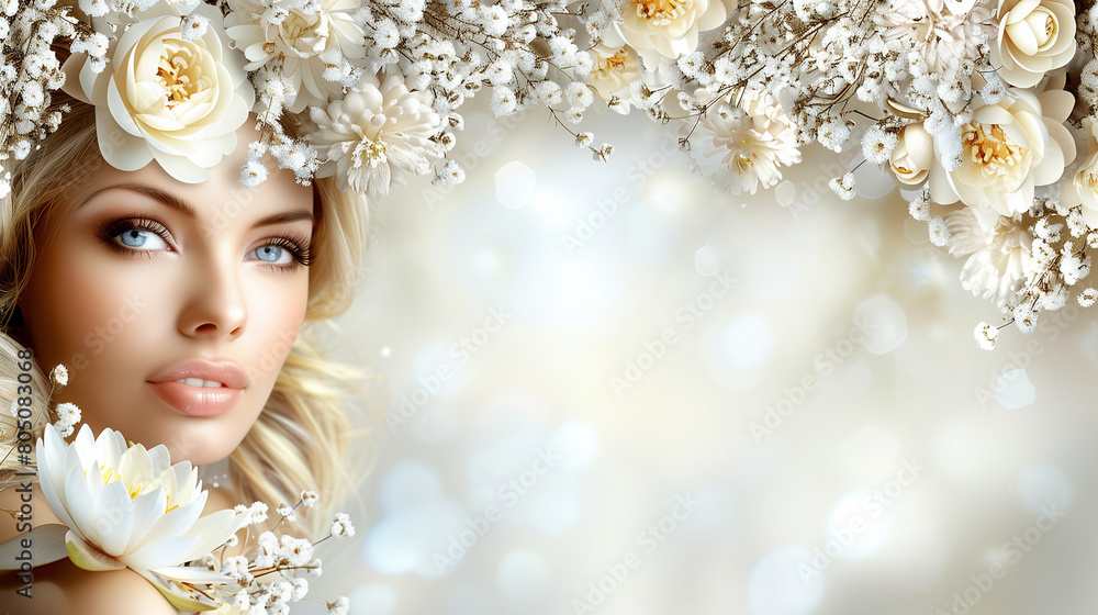 Stock photo, minimalist beauty style. Fashionable and dreamy portrait of a woman adorned with sparkling makeup and flowers. Stock photo, minimalist beauty style. Fashionable and dreamy portrait of a woman adorned with sparkling makeup and flowers.