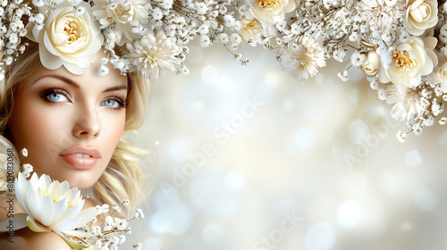 Stock photo, minimalist beauty style. Fashionable and dreamy portrait of a woman adorned with sparkling makeup and flowers.