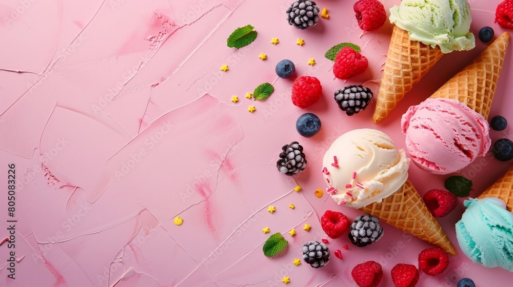 Ice cream cones in assorted flavors on pastel background
Ice cream cones in assorted flavors on pastel background