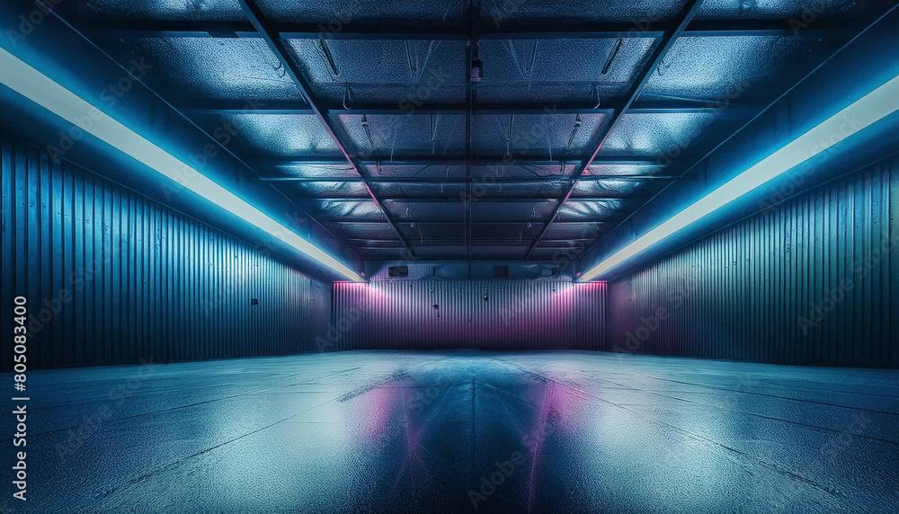 Neon glow in dark garage panorama
