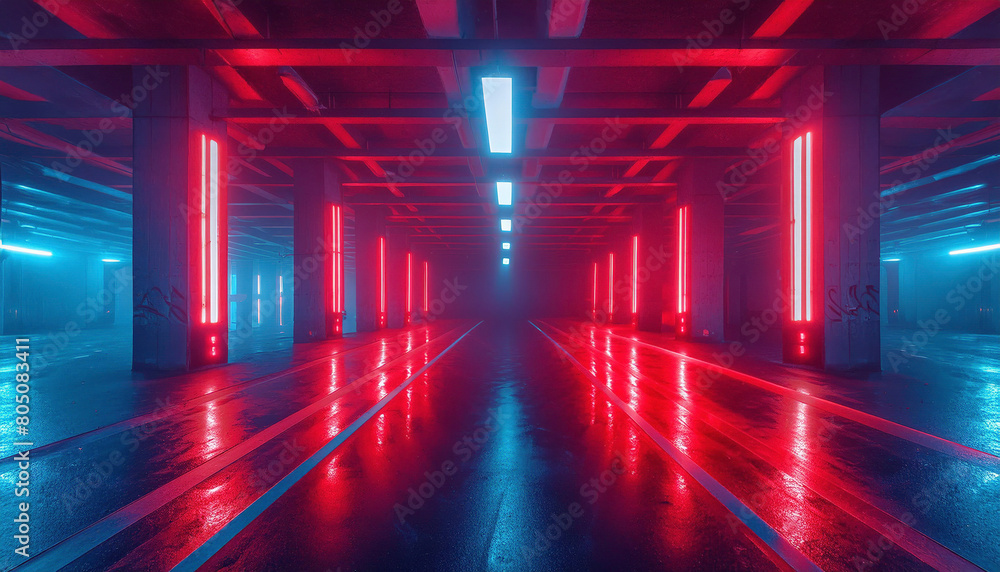 Perspective view of an empty modern underground parking garage with vibrant neon lighting and wet floor reflections