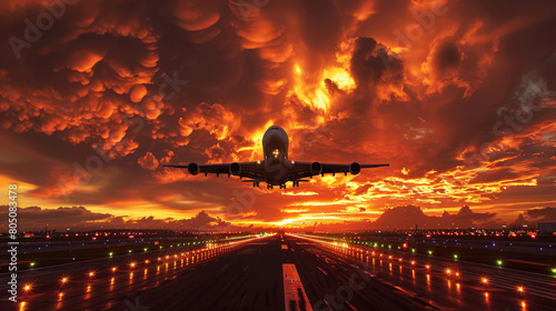 Commercial Airplane Taking Off from Runway Against Dramatic Fiery Sunset Sky