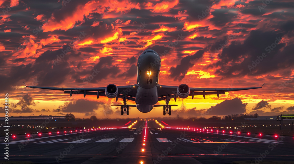 Commercial Airplane Taking Off from Runway Against Dramatic Fiery Sunset Sky