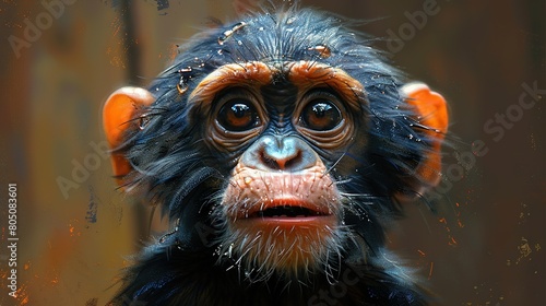   Close-up of a monkey with a surprised expression against a blurred background photo