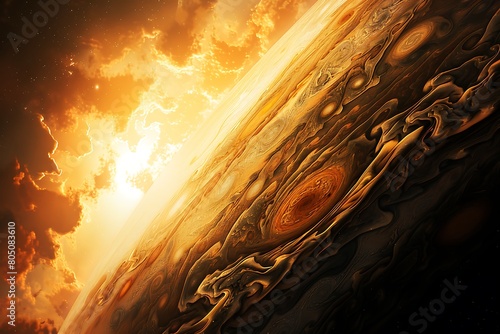 A breathtaking view of Jupiter and its swirling bands of clouds, with the Great Red Spot prominently visible in the gas giant's atmosphere.