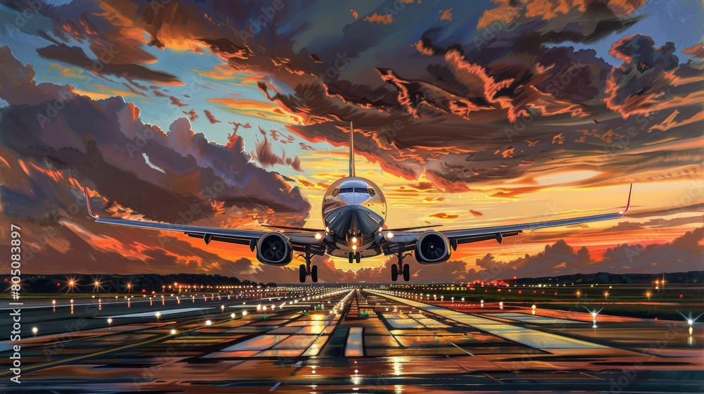 Commercial Airplane Taking Off from Runway Against Dramatic Fiery Sunset Sky