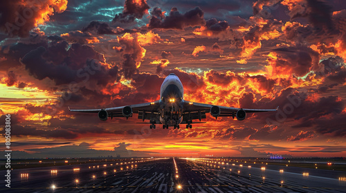 Commercial Airplane Taking Off from Runway Against Dramatic Fiery Sunset Sky