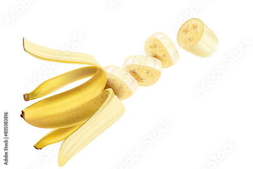 Banana of pieces flying isolated on white background. Season sweet of tropical fruits. 3d realistic vector, Food concept design. of free space for your texts and branding.