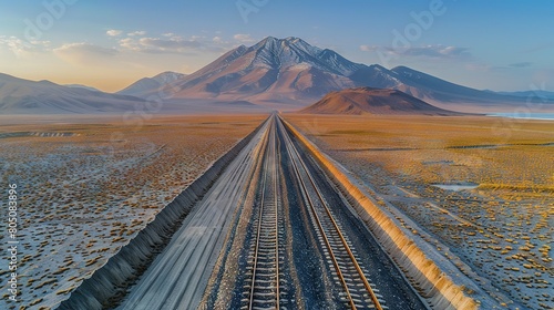   An aerial shot of a train track amidst a desert landscape featuring a towering mountain range in the background and a tranquil body of water upfront photo