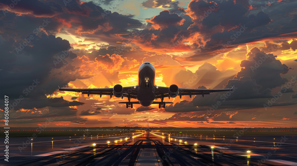 Commercial Airplane Taking Off from Runway Against Dramatic Fiery Sunset Sky