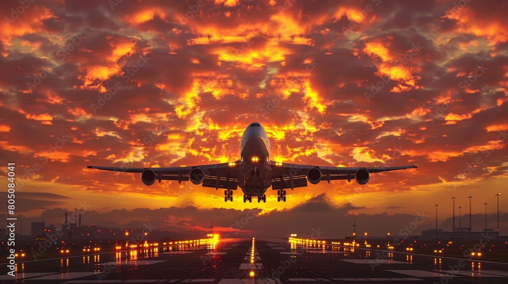 Commercial Airplane Taking Off from Runway Against Dramatic Fiery Sunset Sky