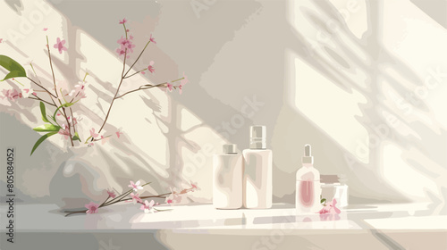 Cosmetic products with ikebana on table near light wa photo