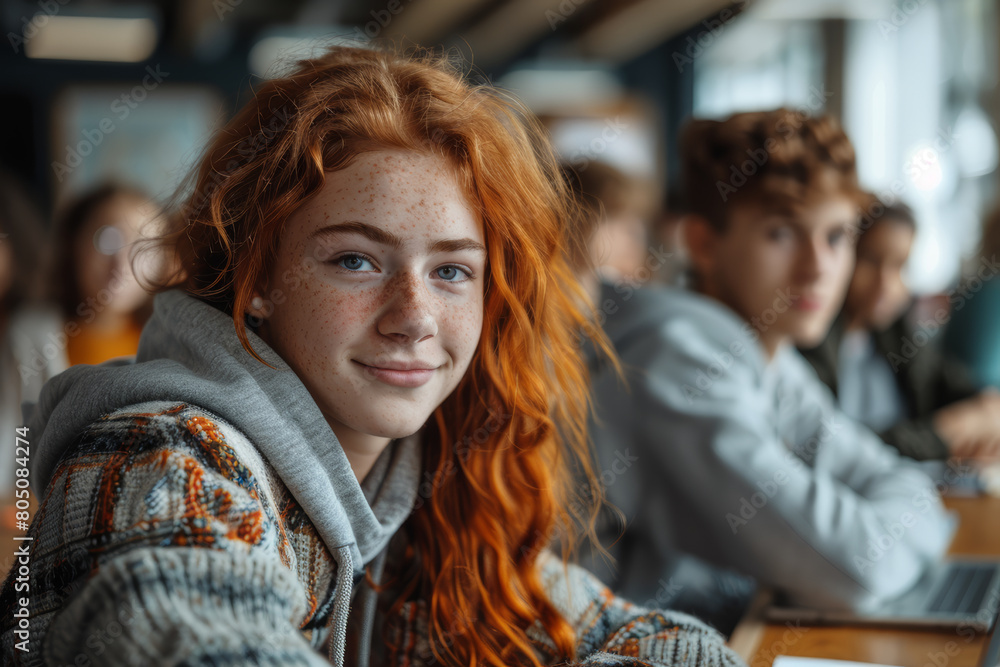Teenagers engaged in a group project using laptops and digital resources in a high-tech classroom setting.. AI generated. Teenagers engaged in a group project using laptops and digital resources in a high-tech classroom setting.. AI generated.