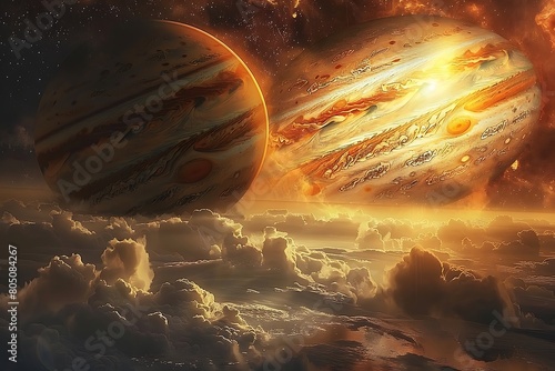 A breathtaking view of Jupiter and its swirling bands of clouds, with the Great Red Spot prominently visible in the gas giant's atmosphere.