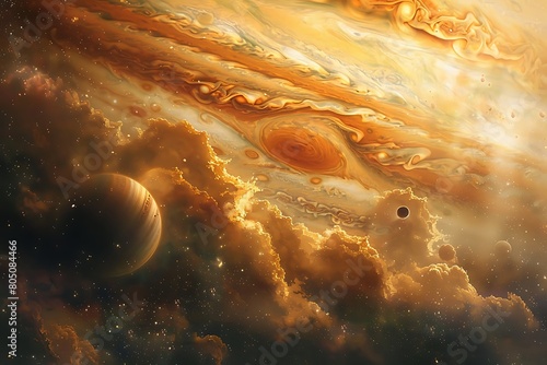 A breathtaking view of Jupiter and its swirling bands of clouds, with the Great Red Spot prominently visible in the gas giant's atmosphere.