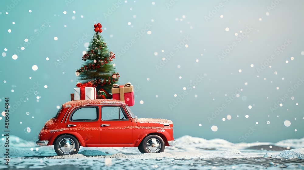 Santa's red car with gifts and Christmas tree on top - Festive holiday concept