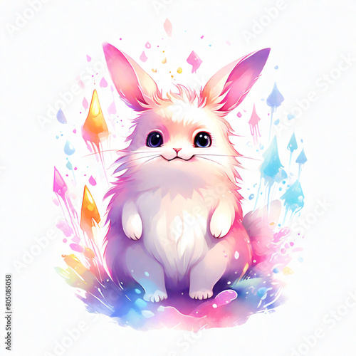 Cute little white rabbit sitting on watercolor background, illustration.