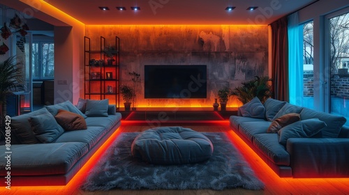 A sleek basement lounge illuminated by multicolored LED strips  featuring a cozy sofa and a state-of-the-art TV for gaming and