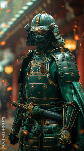 Cinematic photograph of an emerald armor samurai in a full body shot