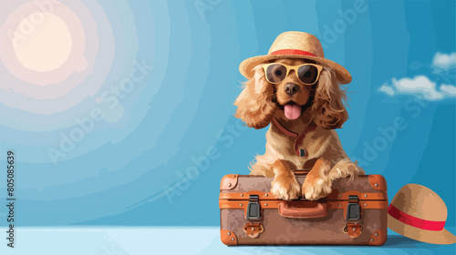 Cute cocker spaniel with suitcase and beach accessori photo