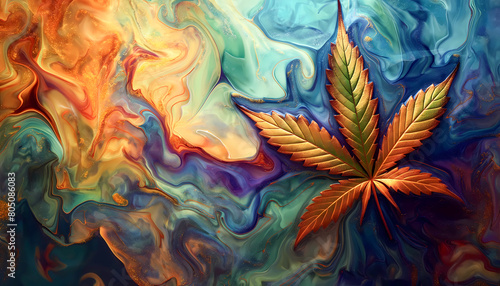 abstract surreal colorful psychedelic background with a marijuana or marihuana leaf, weed, psychoactive drug, wallpaper art or artwork © Echelon IMG