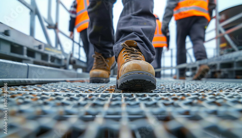 Construction Workers Walking on Steel Grid, Emphasizing Safety Gear and Industry Environment 