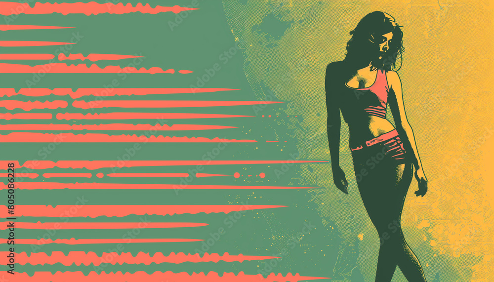 Silhouetted Woman Walking in a Retro-Inspired Graphic Artwork with Bold Striped Background
