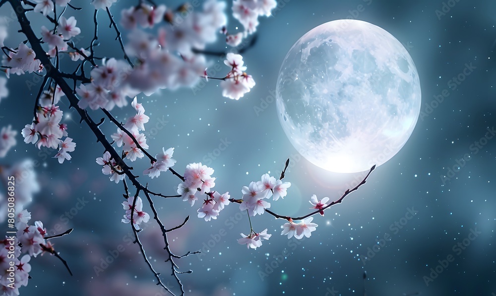 Cherry blossoms captured under the moonlight, Generative AI 
