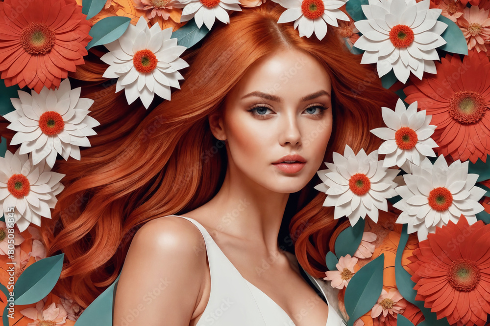 Contemporary art collage. Beautiful young girl and red yellow flowers isolated on light background. Modern artwork. Contemporary art collage. Beautiful young girl and red yellow flowers isolated on light background. Modern artwork.