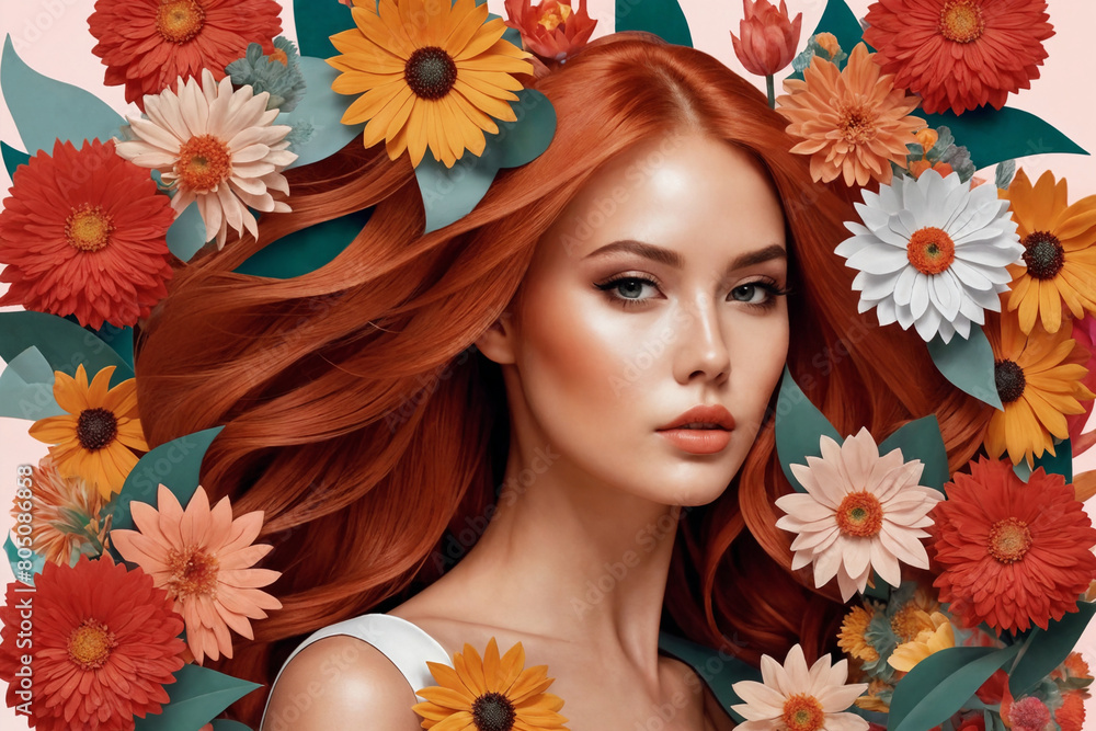 Contemporary art collage. Beautiful young girl and red yellow flowers isolated on light background. Modern artwork. Contemporary art collage. Beautiful young girl and red yellow flowers isolated on light background. Modern artwork.