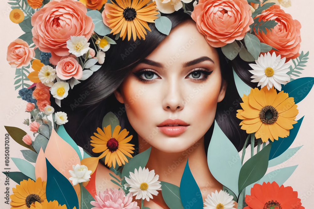 Contemporary art collage. Beautiful young girl and red yellow flowers isolated on light background. Modern artwork. Contemporary art collage. Beautiful young girl and red yellow flowers isolated on light background. Modern artwork.