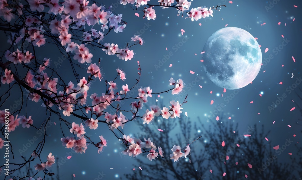 Cherry blossoms captured under the moonlight, Generative AI Cherry blossoms captured under the moonlight, Generative AI