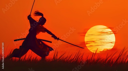 Silhouette of a samurai girl who attacks in a jump with a katana in her hands