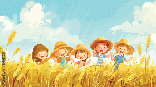 Cute little children in wheat field on sunny day Vector