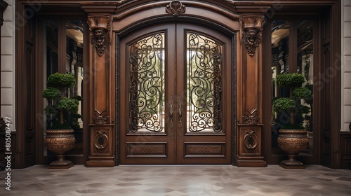 A grand entrance with double wooden doors adorned with ornate wrought iron details photo