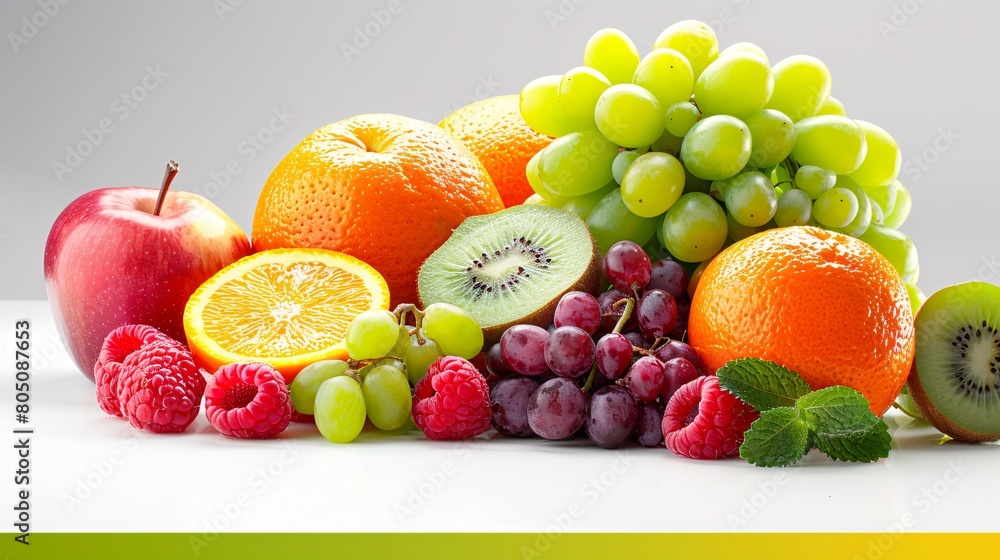 Juicy fruit on a bright background. A delicious and refreshing food mix.
