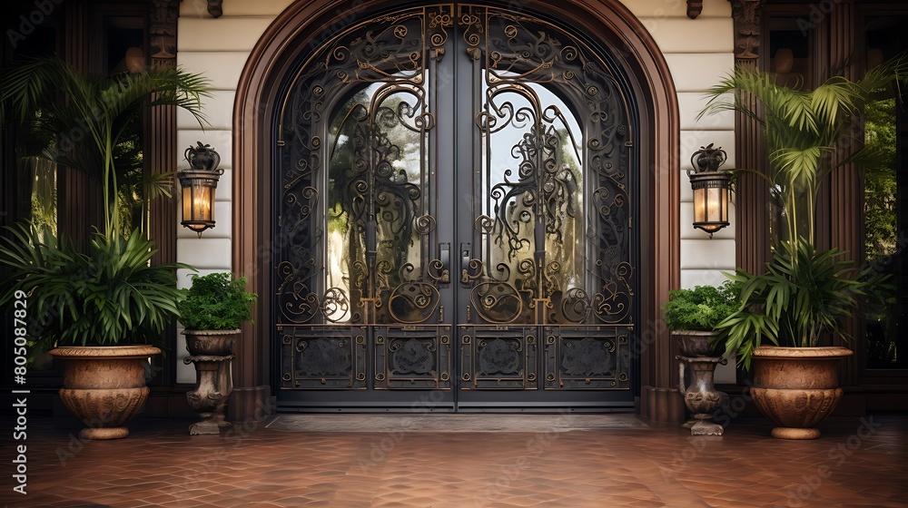 A grand entrance with double wooden doors adorned with ornate wrought iron details