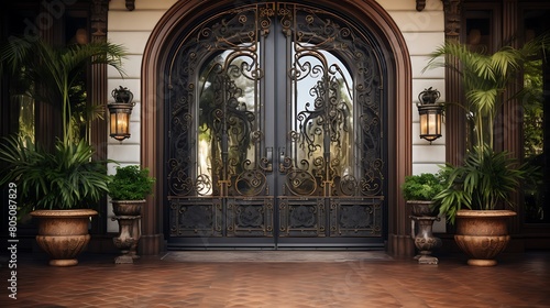 A grand entrance with double wooden doors adorned with ornate wrought iron details © XGraphic