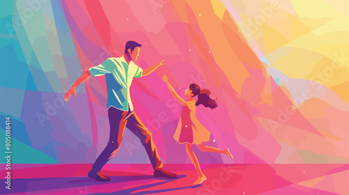 Dancing man and his little daughter on color background