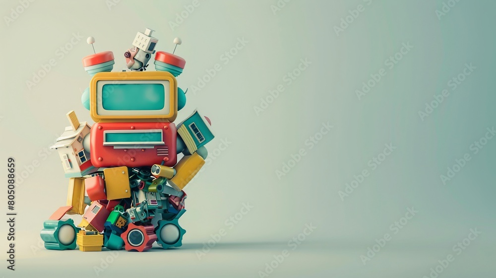 Obraz premium Artistic 3D depiction of a robot assembled from garbage displayed with a minimalist background to highlight recycling innovations.Model of a vibrant multi-colored house