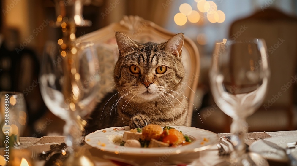 Fototapeta premium Elegant cat sitting at a dinner table enjoying a gourmet meal in a luxurious setting