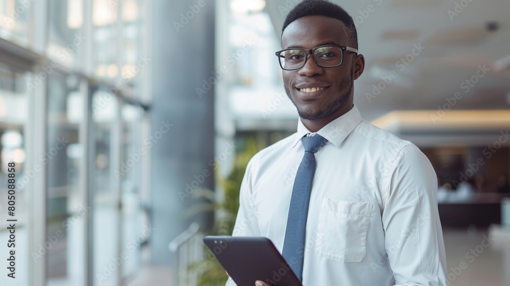 Fototapeta premium Insurance agent standing confidently with a digital tablet smiling in a modern office setting